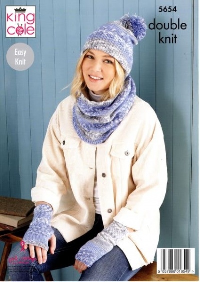 Knitting Pattern - King Cole 5654 - Fjord DK - Scarf, Wristwarmers, Hats, Mitts & Snood